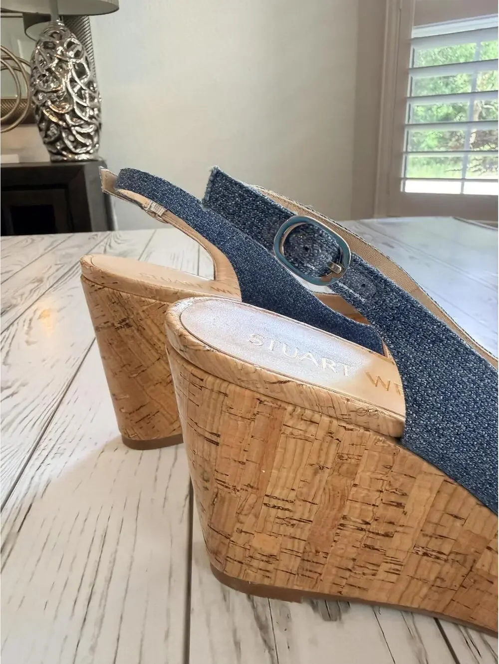 Stuart Weitzman Women's Size 6 Jean Denim Cork Wedge Peep Toe Slingback Sandals - Picture 8 of 15